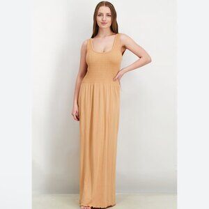 DKNY Jeans Women's Tan Summer Slub Stretch Maxi‎ Dress NWT Stretchy Breathable L